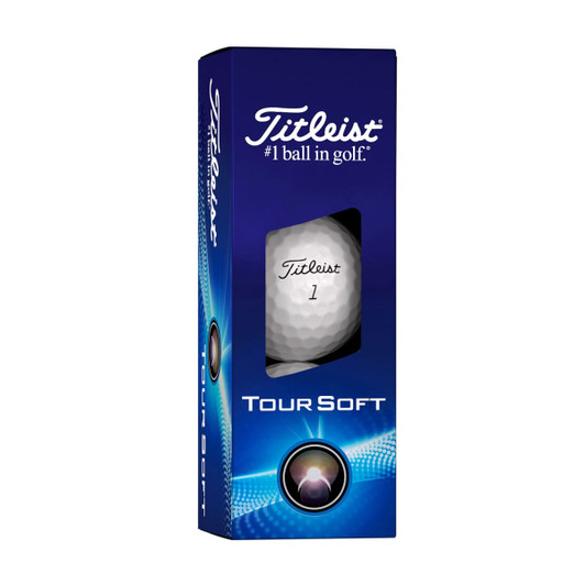A box of Titleist Tour Soft golf balls featuring a white ball inside. The packaging has a blue design with a logo.
